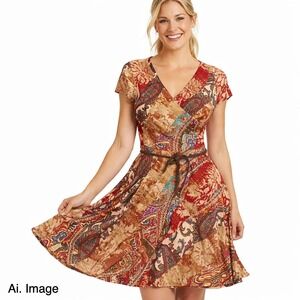 Lauren Ralph Lauren Petite Paisley Faux Wrap Dress Boho Belted Fit Flare PXS
